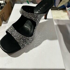 Alexander McQueen Womens Mule Sandals Black Silver Crystal Open Toe Heel